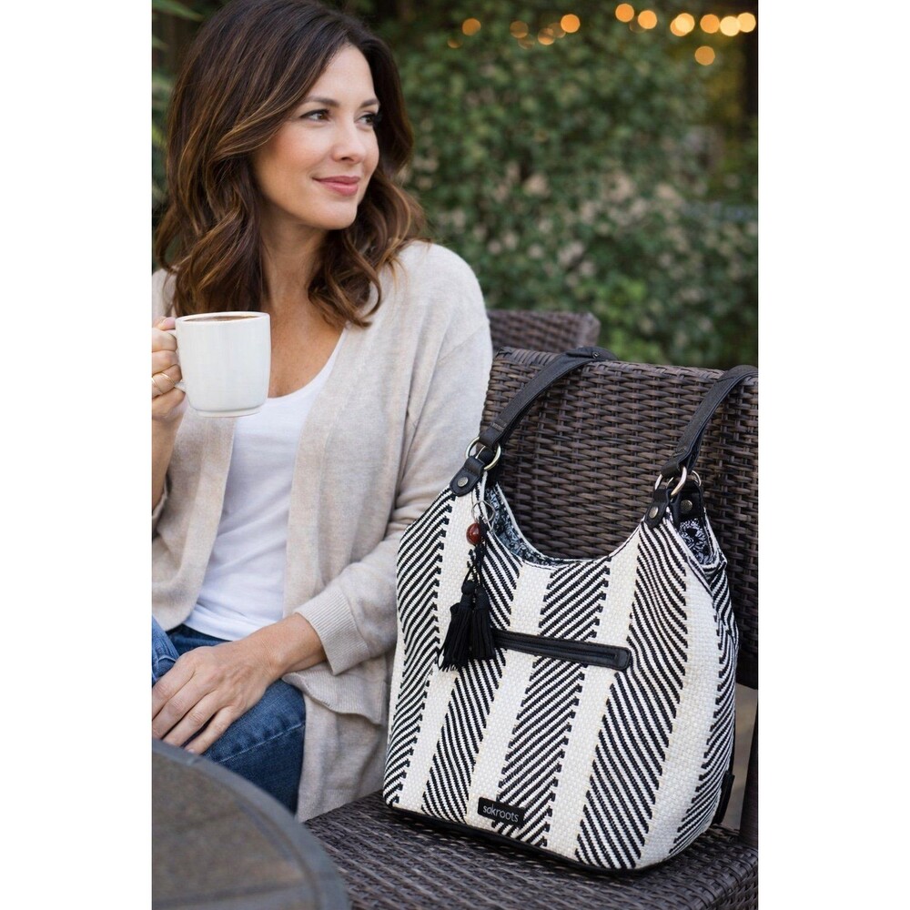 Sakroots Roma Woven Straw Shoulder Hobo Bag  Black White Stripe Boho Expandable - Picture 2 of 12